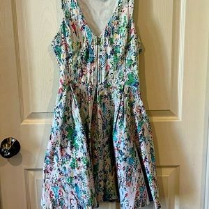 Guess Pink Turquoise Splatter Print A Line V neck Dress 2 Zip